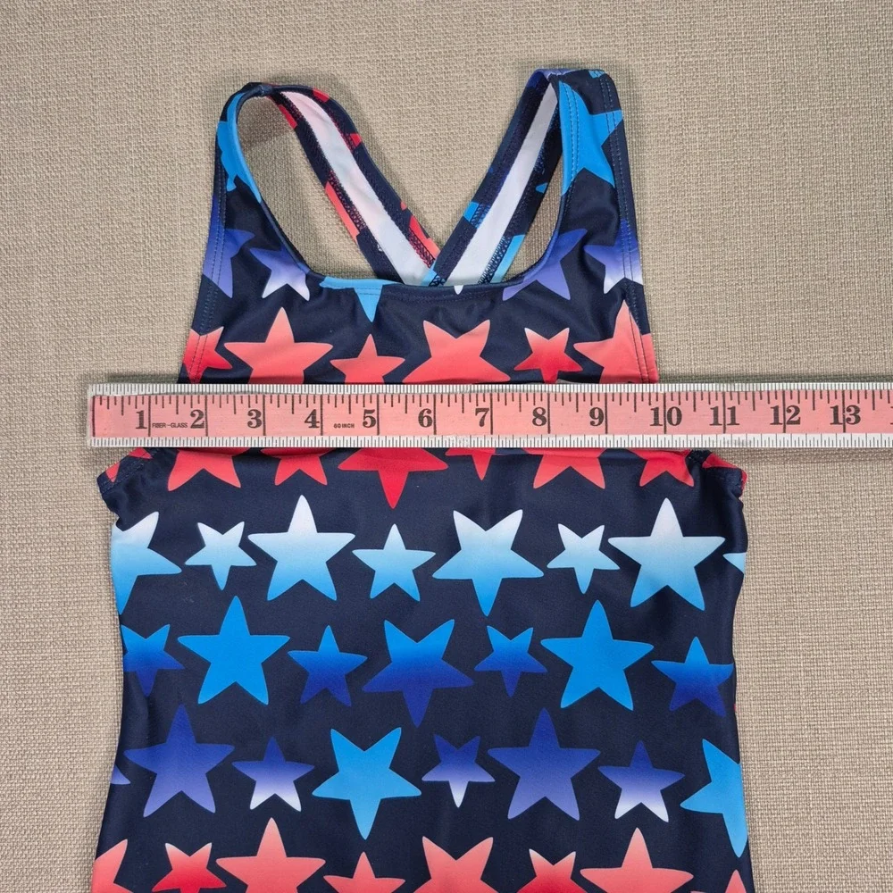 Lands End Girls Star Print One Piece Swimsuit Red Blue White Size M 8 UPF 50+